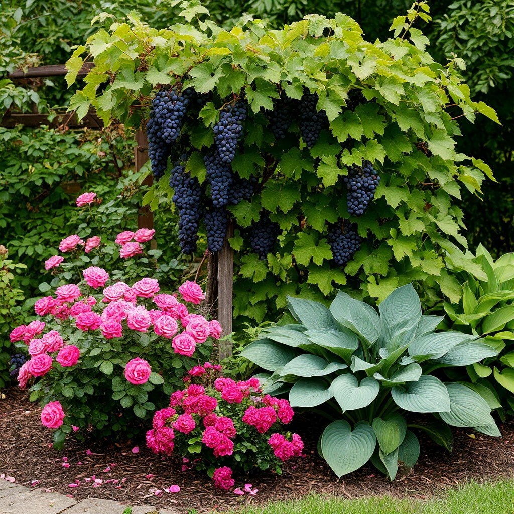 Примерно таким задумано было. Клумба под виноградом