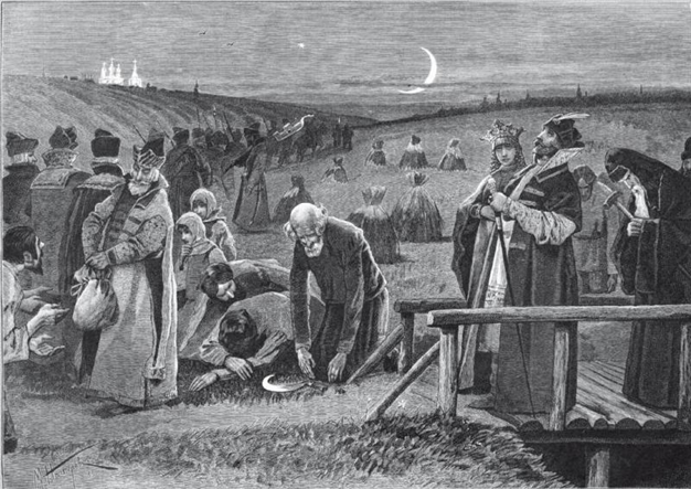 Поход Московского государя пешком на богомолье в XVII веке. Ориг. рис. М. Нестерова, 
грав. Ю. Шюблер.
