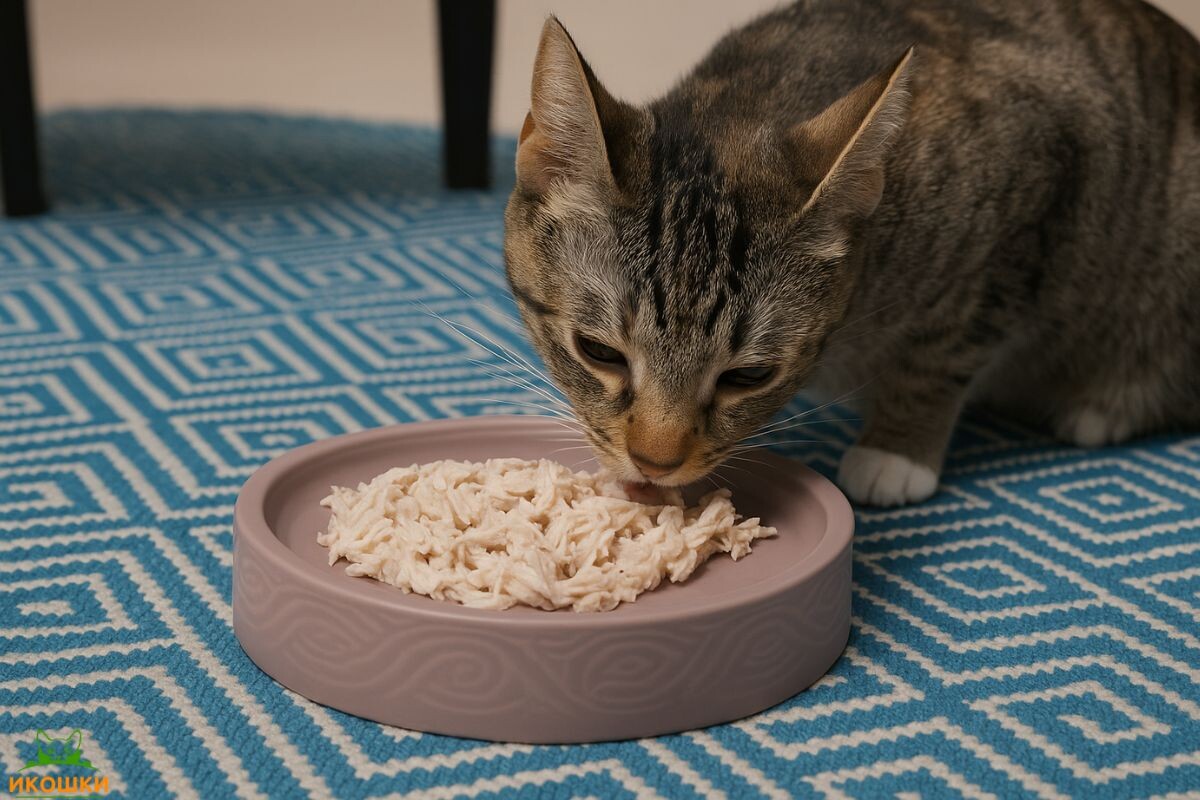 Кот ест отварную индейку 