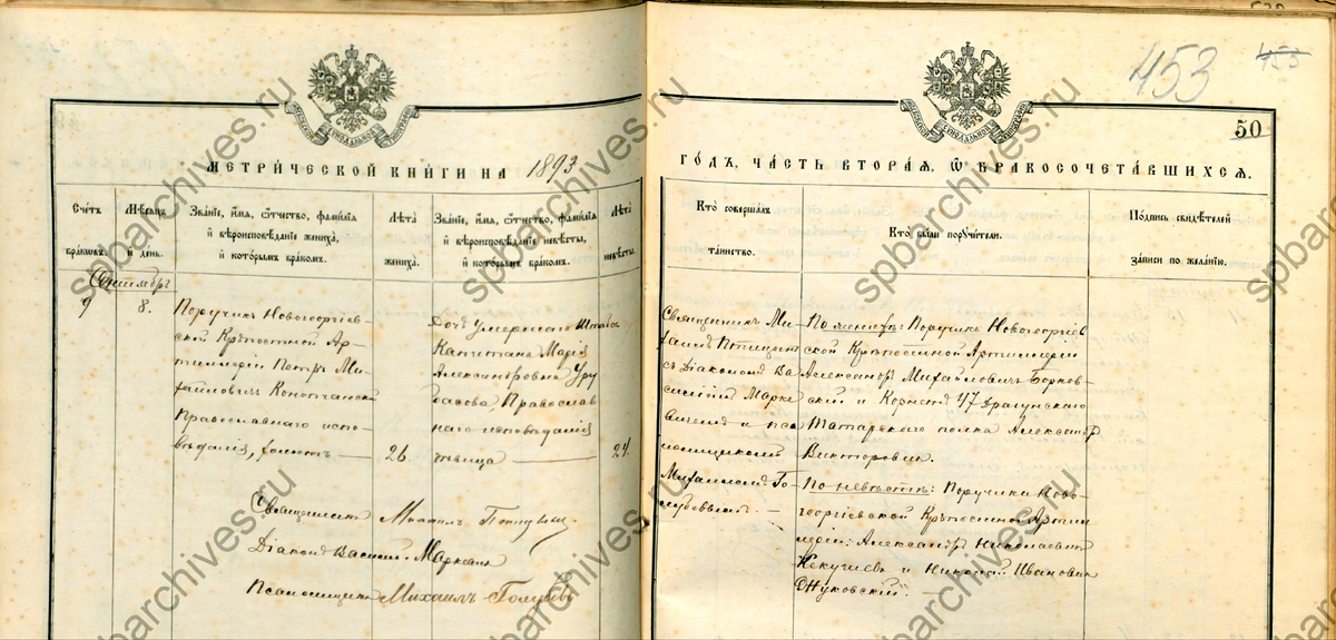 Запись о бракосочетании в метрической книге Новогергиевского крепостного Собора 8 сентября1893г.: поручик Новогеоргиевской крепостной артиллерии Петр Михайлович Конопчанский, холост, 26 лет и дочь умершего штабс-капитана Мария Александровна Урубасова, православного исповедания, девица, 24 года.               ЦГИА Ф.19. Оп.128. Д.248 кадр 446