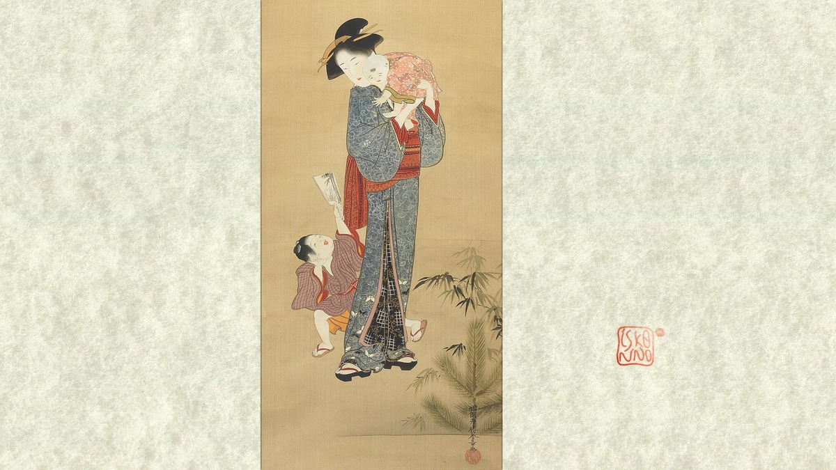 «Мать с детьми». Кацукава Сунсё (?). Вертикальный свиток (часть), краски и тушь на шелке. В нижней части на переднем плане кадомацу, сосна и бамбук, как знак праздника Нового года