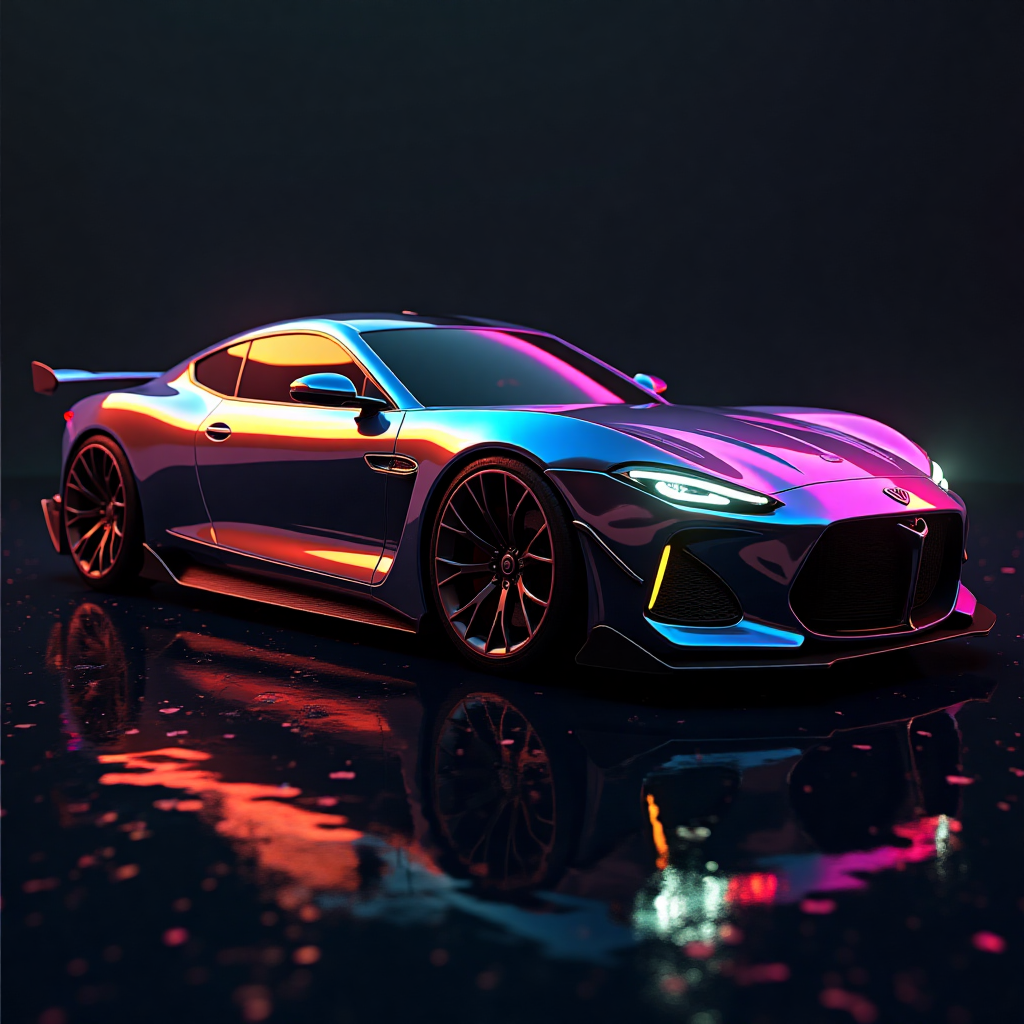 Cyberpunk car with oleophobic sheen, rainbow reflections on black surface
