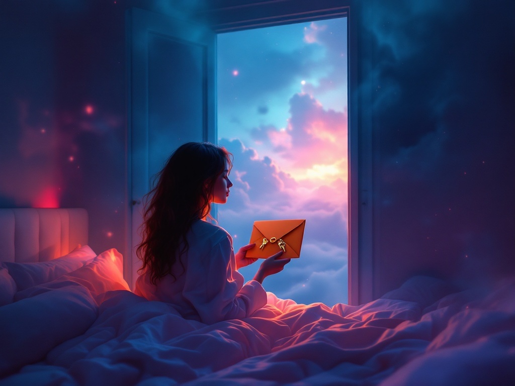   К чему такое снится: На картине изображена женщина, стоящая в открытой двери своей квартиры, смотрящая на оранжевый конверт в своих руках. Конверт нарисован в фокусе изображения, с ключа