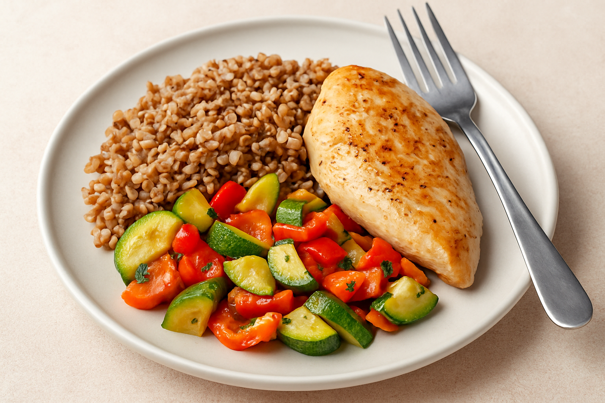 Куриная грудка с гречкой и тушёными овощами для диабетика 2 типа