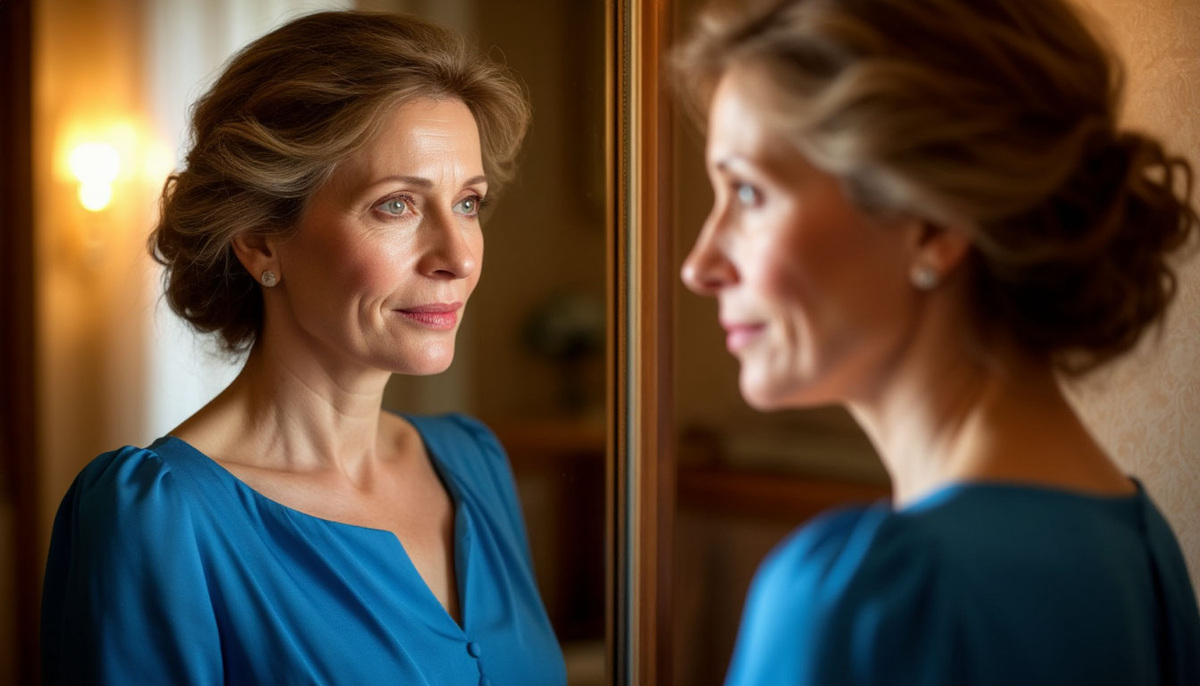 Анна стоит одетая в синее платье. Она смотрит на свое отражение с легкой улыбкой и надеждой в глазах