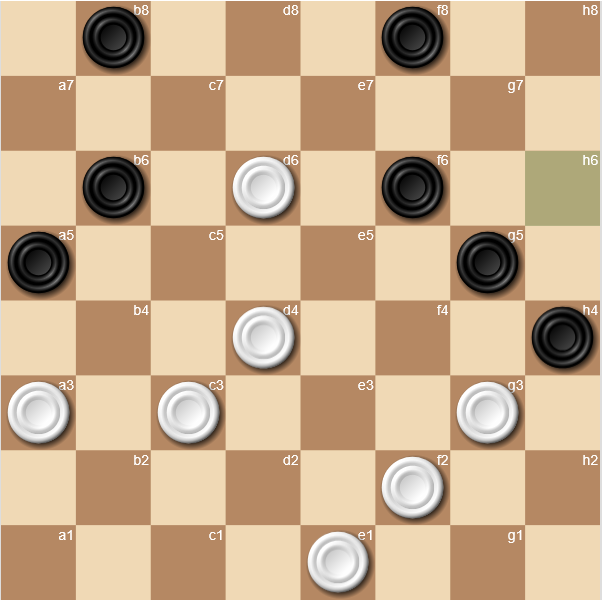 1.ed2? (1.e3 2.g3 h4 3.f4 g7 4.g5 g3 5.. h2 6.f8 f6 7.f4 c5 8.b4 g1 9.bc5 h2 10.g5 11.b6 12.e5 13.c5 g3 14.g1d6 15.ab4 e5 16.bc5x) g7 2.de3 h6 3.ab4 (3.e7 4.ab4 e7 5.bc5 f4! 6.g3:e5 d6 7.c:e7 b4=) bc5 5.a5 a7? (5...c7 6.cb4 d4! 7...e5= или 5...ef4 7.cd4 gf4=) 6.b4 d4 7...e5 8.d6 9.c5 ab6 10... cd6 11. ab6 e5 12.b8 gf4? (12...ed4 13.fe3 h:f2=) 13.a7 14.g3 15.b8x