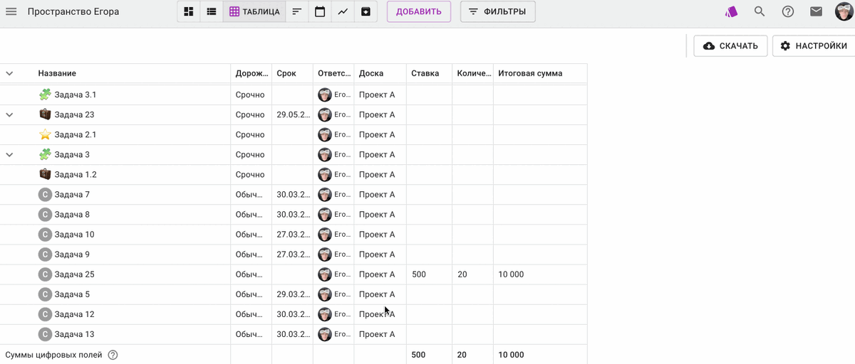    А внизу таблицы система автоматически рассчитает суммарное значение по всем заполненным карточкам