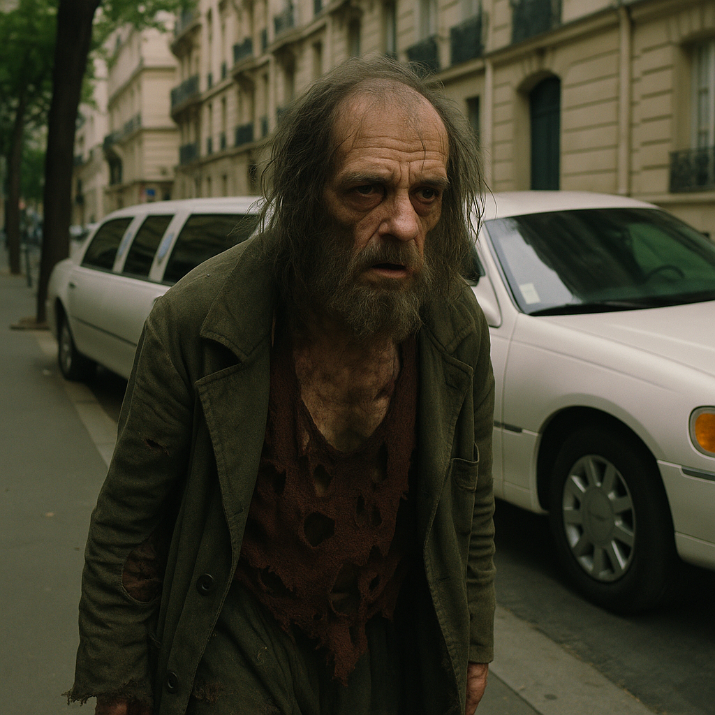 Мистер Оскар в образе бродяги выходит из лимузина: маска, в которой боль и отторжение становятся искусством.