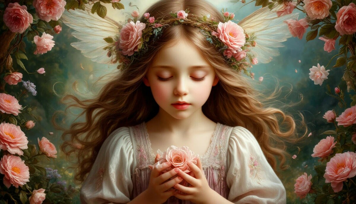 Все добродетели: любовь, кротость, мир, радость, долготерпение, кротость, милосердие, вера, в образе девочек, сюрреализм, фэнтэзи, неземная красота, шедеврально, мило, 10D, бесконечная экспозиция и детализация.