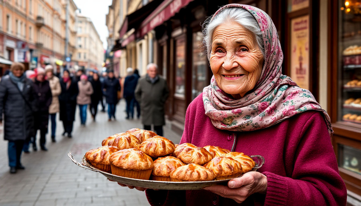 старушка, вся такая уютная, в платочке, а перед ней – лоточек с пирожками, вокруг зеваки