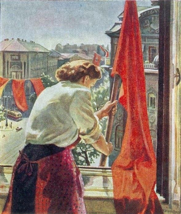 Художник Фелеки-Гашпар А. «Подготовка к 1 мая», 1951 г.