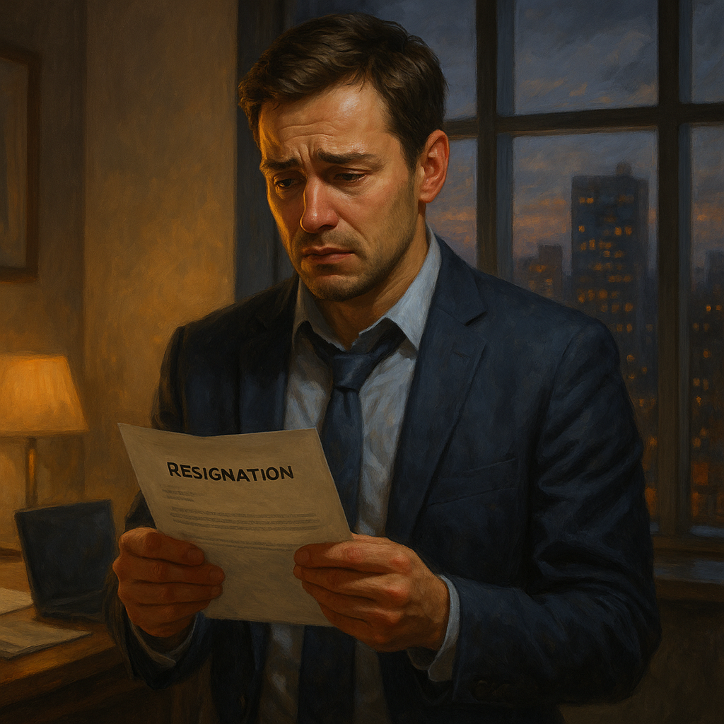 Я стоял у окна своего кабинета и в руках держал распечатанный документ — заявление об уходе 
