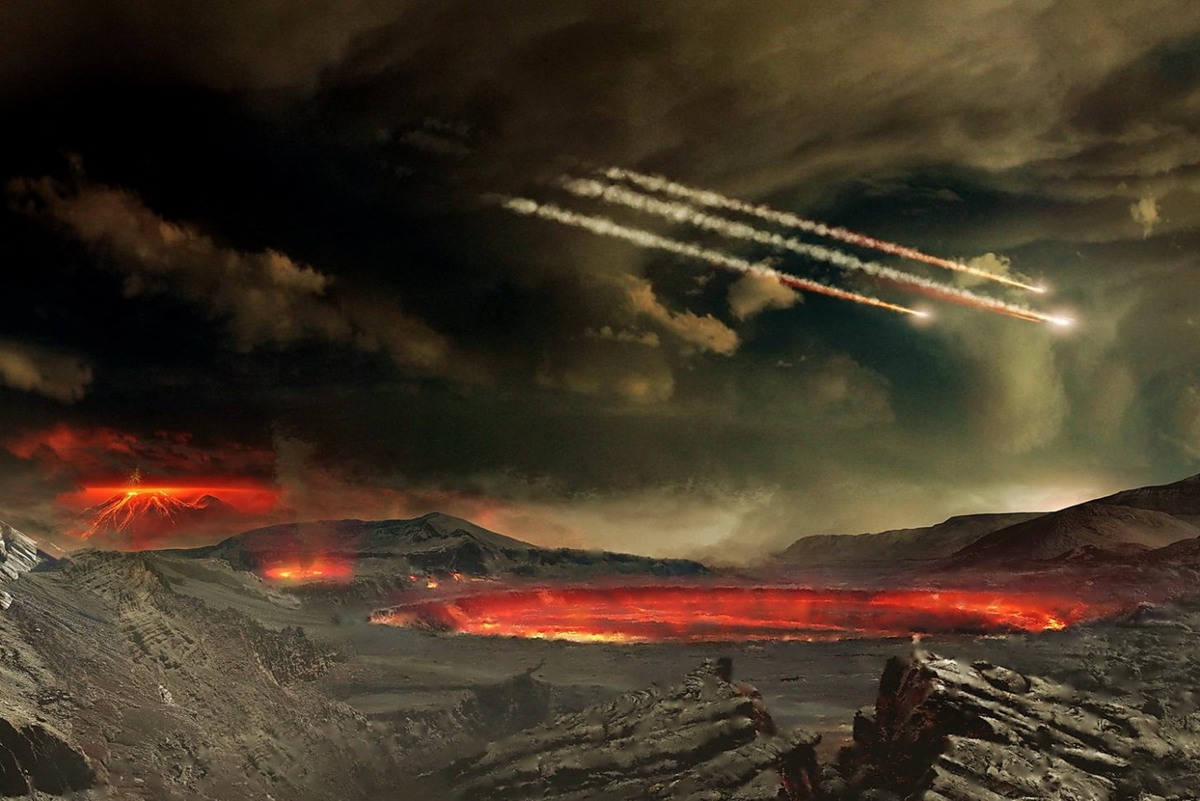 Художественное представление бомбардировки молодой Земли астероидами, которые, возможно, занесли все необходимые для зарождения жизни ингредиенты. Credit: NASA