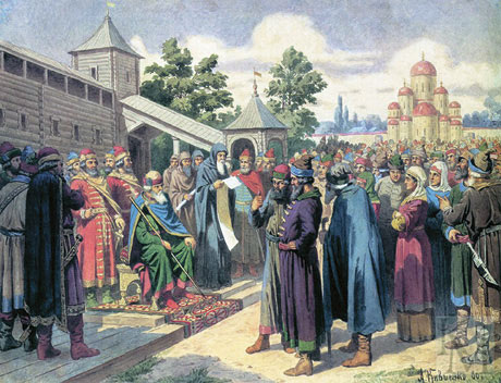 Ярослав Мудрый зачитывает закон народу. Худ. А. Кившенко