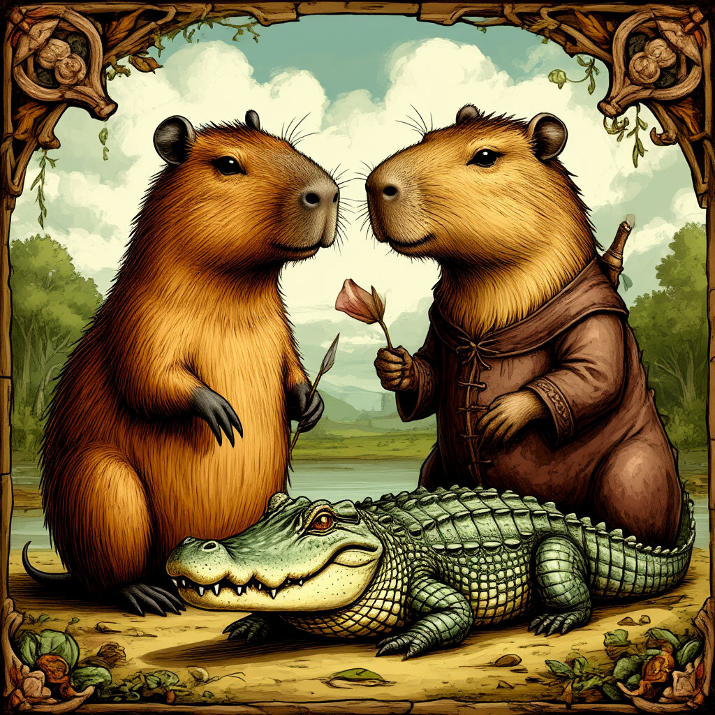 Капибара и крокодил друзья, средневековый стиль, рисованный стиль