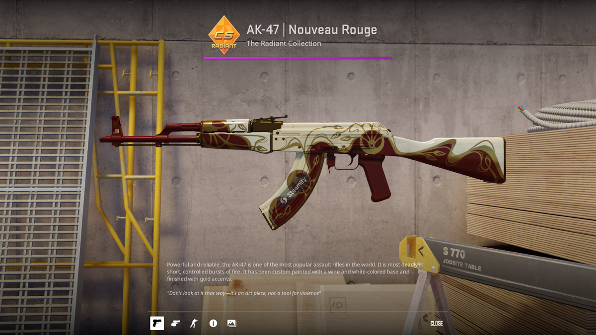 Главная звезда коллекции — AK-47 Nouveau Rouge. Его элегантный бордово-белый дизайн уже занял место в списке самых желанных скинов кс радиант.