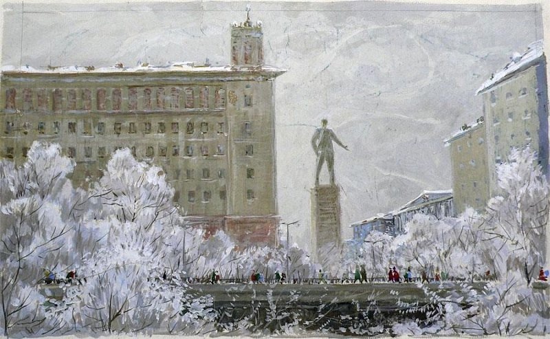Часовских Василий Петрович «Площадь Маяковского» (Новокузнецк, 1990-е, картон, гуашь)