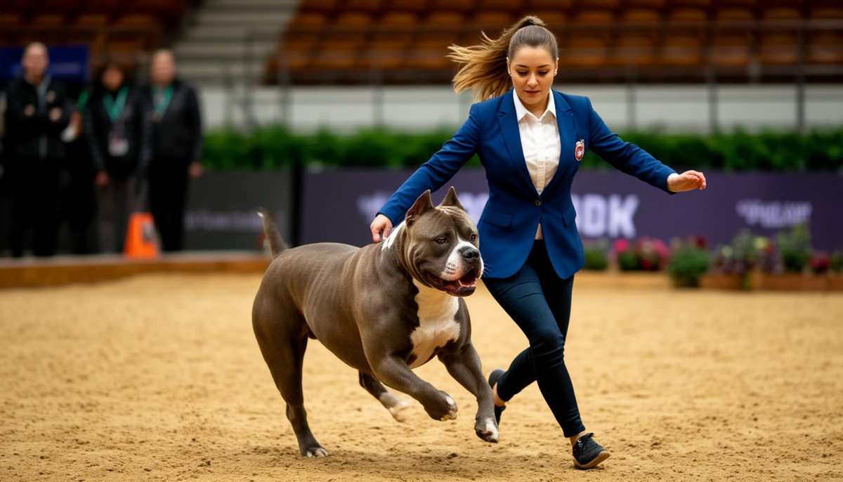 Проход американского булли с хендлером по рингу