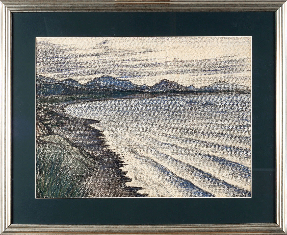 Берега Кунашира вечером, 1979 г., материалы: бумага, масляная пастель, размеры: 36 × 48 см. Источник: https://www.litfund.ru