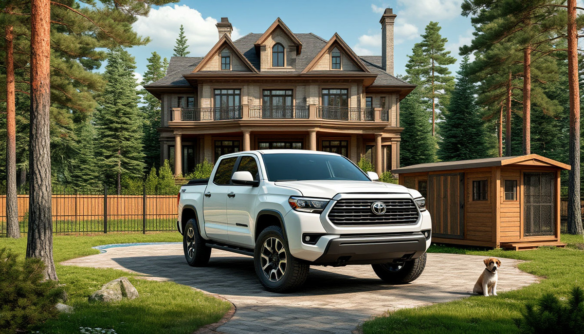 Джип, особняк за городом, обнесённый забором, за забором раскинулись владения, сосновый бор, заливные луга, собачья конура, около конуры сидит Тузик.