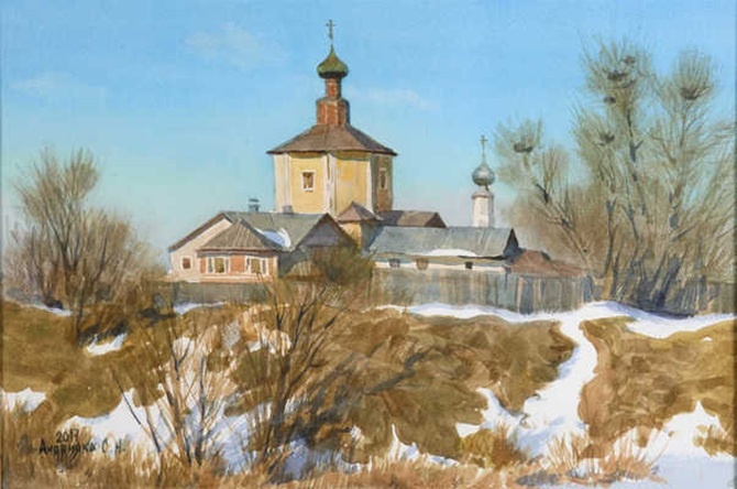 Сергей Андрияка. Весна в Суздале. 2017. Бумага, акварель. 38 х 56. Частное собрание