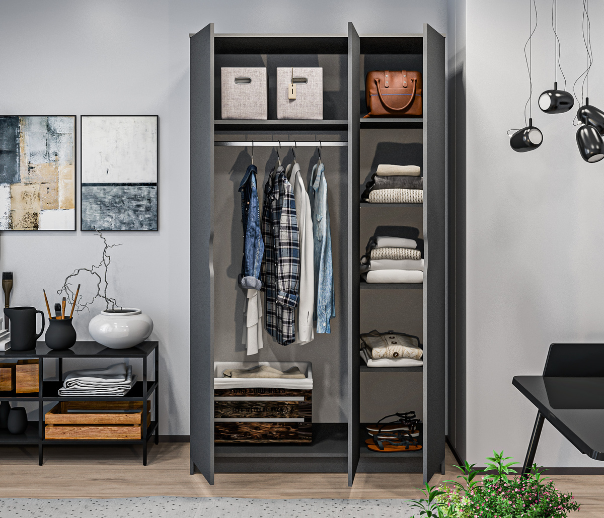 Трехдверный шкаф Бруклин, представленный в белом и темно-сером цвете, закроет потребность не только в хранении, но и в необычной стилизации интерьера. Подойдет, если вы ищете что-то необычное, а не белое, как у всех