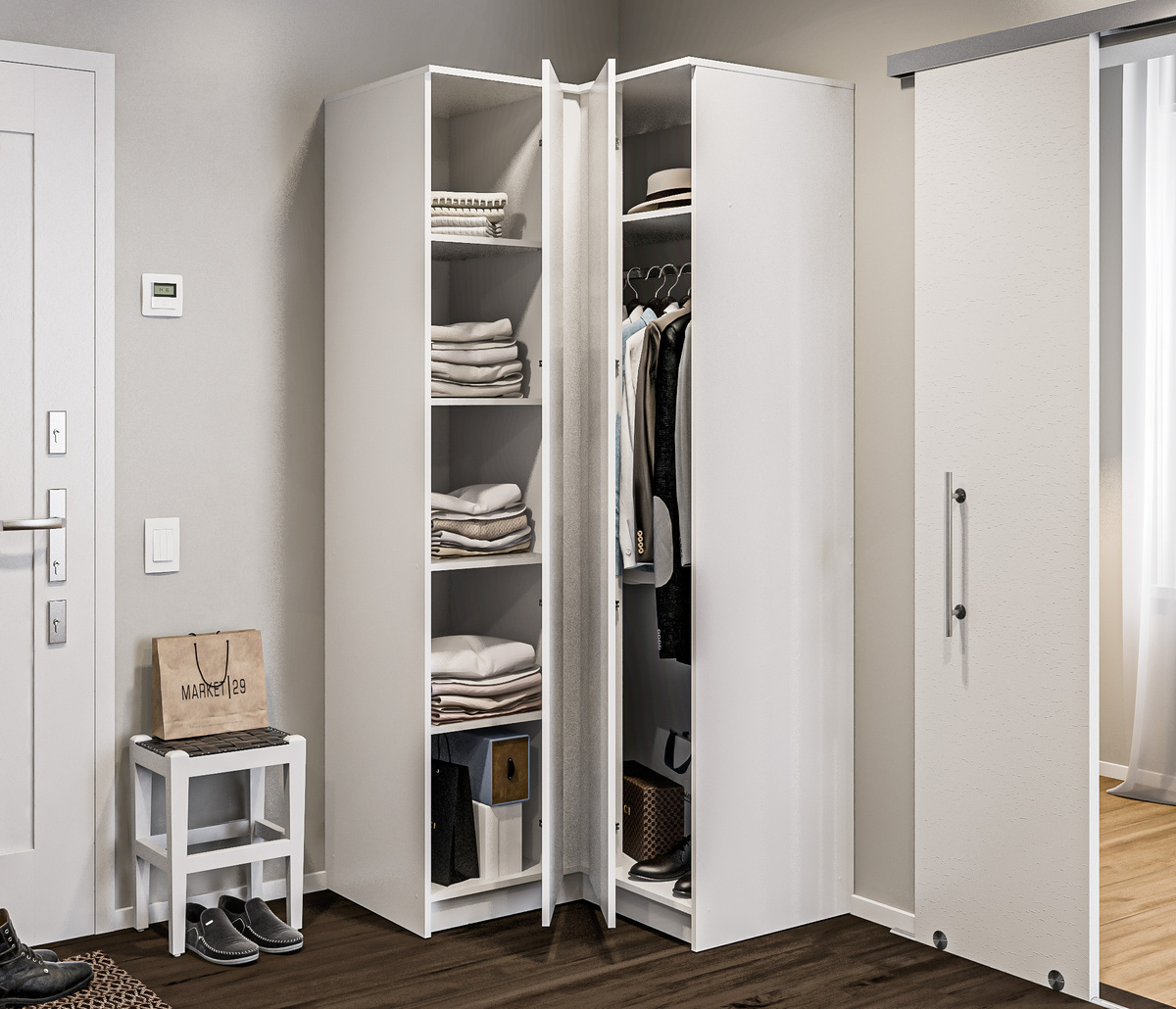 Угловой шкаф Леон поможет вместить все вещи, которые доживают свой век на даче. При своих габаритах — Ш 95 X В 202 X Г 95 см — шкаф не съедает пространство за счет грамотной конструкции