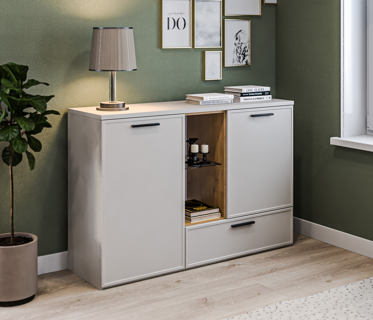 Комод Милан уникален не только вариативностью хранения — есть выкатной ящик, открытый стеллаж и две полки — но и фасадами. Покрытие soft-touch сделает процесс эксплуатации таким же приятным, как его внешний вид