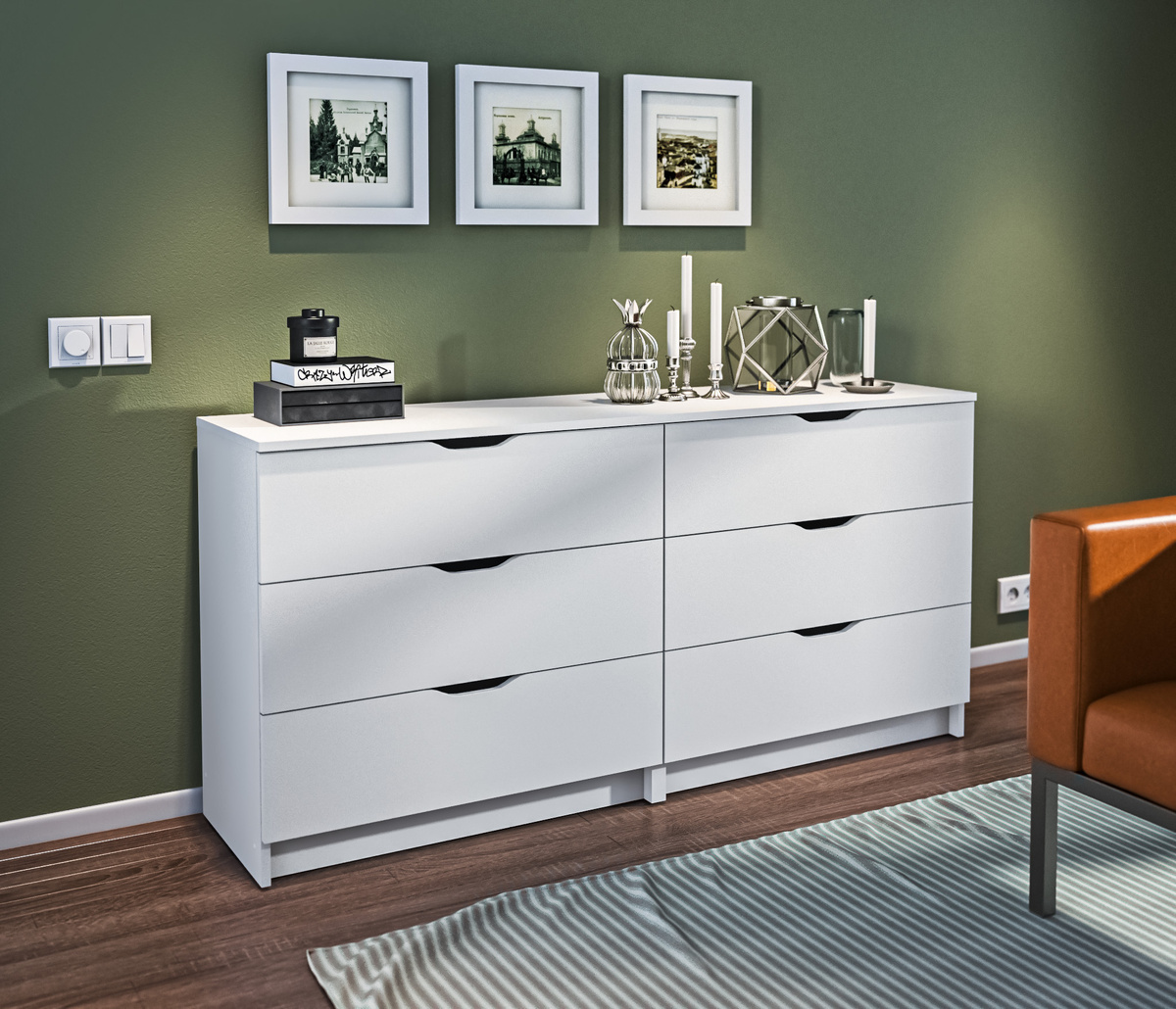 Комод Бруклин в белом цвете — хороший вариант, если вы ищете не только вместительную мебель, но и функциональную. Бруклин можно использовать и по назначению,и как тумбу под ТВ одновременно