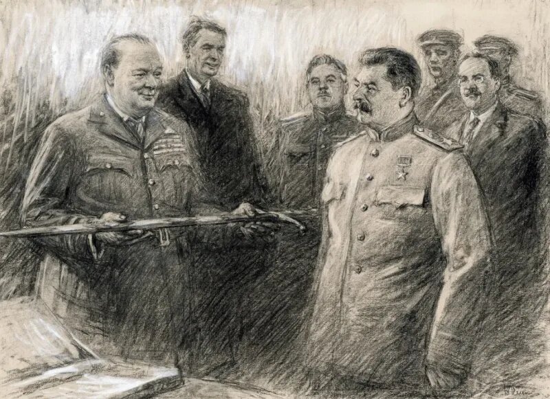 ВОВ (1941-1945). "Вручение меча (Меч Сталинграда)", работа художника Евгения Финогенова (1948 г.) Меч выкован по специальному указу короля Великобритании Георга VI в знак восхищения британского народа мужеством, проявленным советскими защитниками Сталинграда во время битвы за город. Вручён 29 ноября 1943 года премьер-министром Великобритании Уинстоном Черчиллем Маршалу Советского Союза Иосифу Сталину в присутствии президента США Франклина Рузвельта и почётного караула на церемонии, приуроченной к открытию Тегеранской конференции. Меч экспонируется в музее Сталинградской битвы в Волгограде. (фото репродукции картины из открытого источника Яндекс).