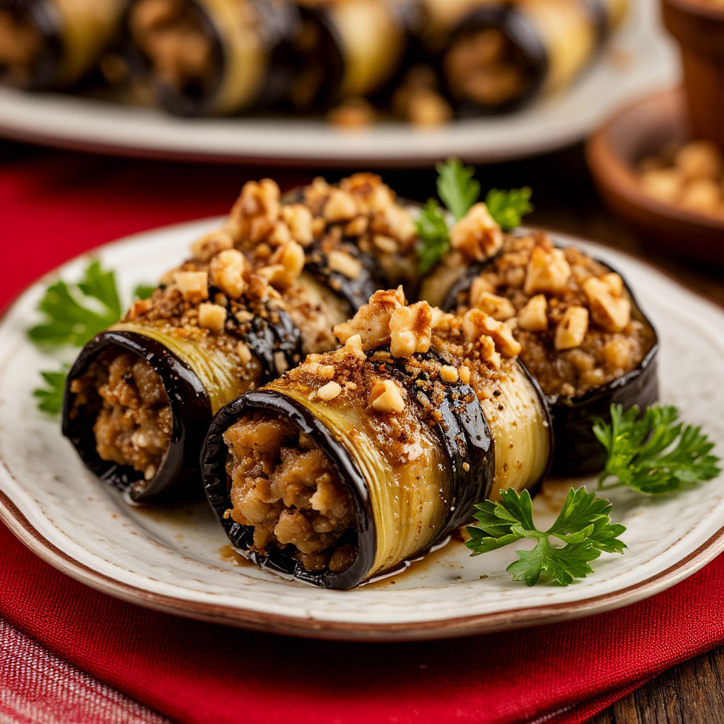 Рулетики из баклажанов с ореховой начинкой