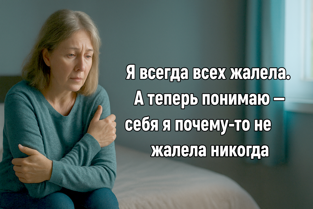 Женщина 50+ сидит в полутёмной спальне, обнимает себя за плечи, глаза полны слёз, но лицо — спокойное. В комнате мягкий свет, за окном утро. Атмосфера внутреннего признания и возвращения к себе — не жалостливо, а с тихим уважением к собственной боли.