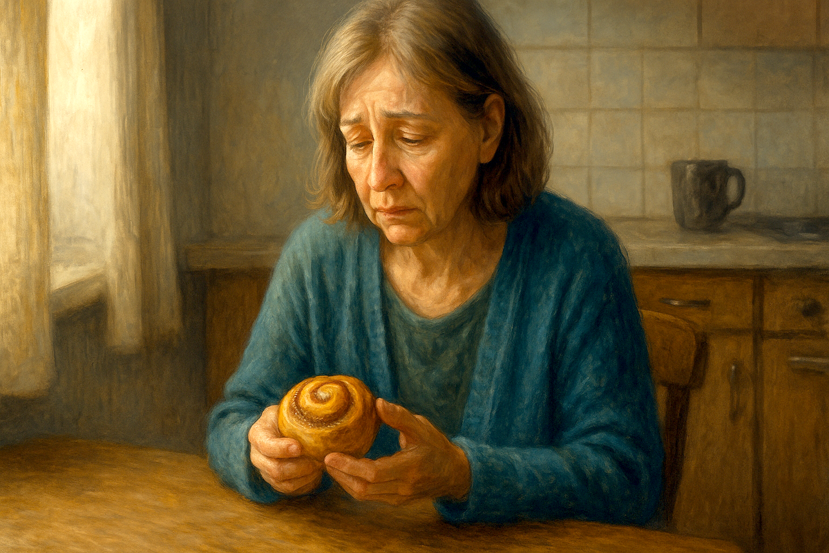 Пожилая женщина с грустью держит в руках булочку, сидя на кухне. Тёплая сцена одиночества и памяти, отражающая боль отстранённости взрослой дочери и желание вернуть тепло отношений.