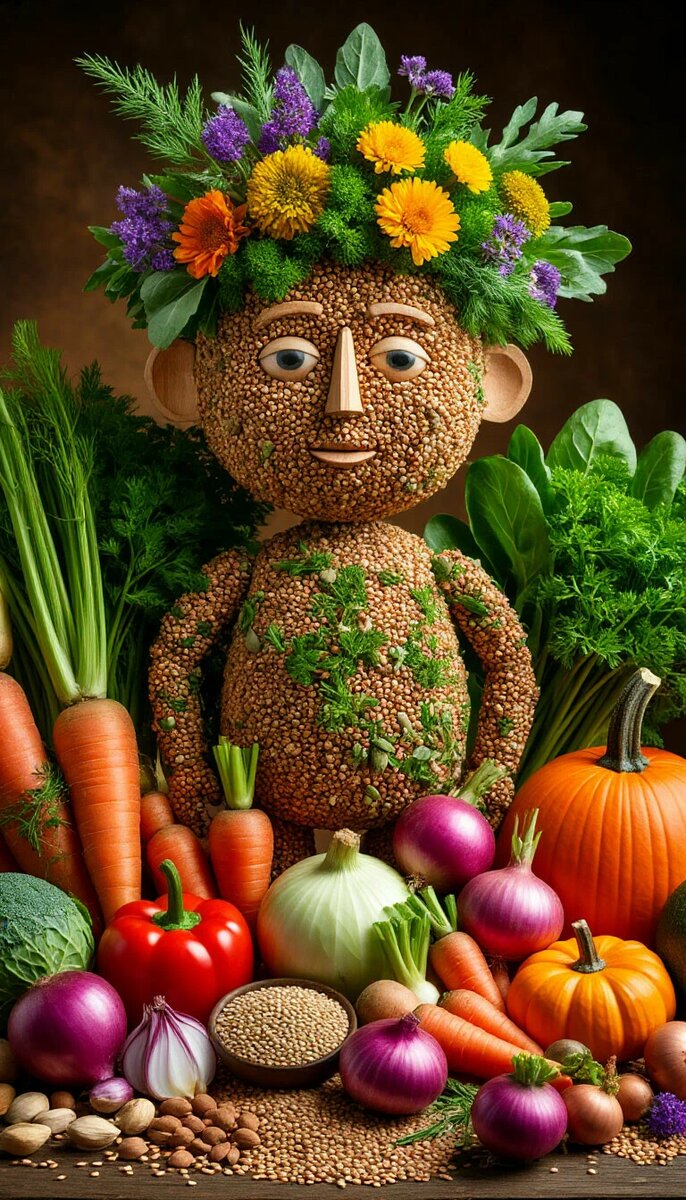 Гречка, лен, конопля, семена, крестоцветные, масло, и полезные для здорового образа жизни овощи, репа, редиска, морковка, лук, водоросли, тыква, укроп, зелень, петрушка, капуста, .. , проростки, из этих продуктов и цветов, составлен 3D человек, сюрреализм, фэнтэзи, неземная красота, шедеврально, мило, 10D, бесконечная экспозиция и детализация.