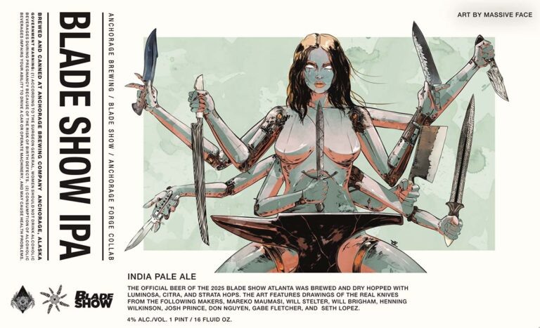 На обложке пива BLADE Show изображены ножи. Слева вверху по часовой стрелке: кукри Сета Лопеса, гьюто Мареко Маумаси, шеф-нож Уилла Бригама Стейнсли хантер, меч Хеннинга Уилкинсона, китайский тесак Джоша Принса и кинжал Уилла Стелтера. Гейб добавил балисонг, хотя и не знает его автора, потому что на выставке клинков таких ножей много.