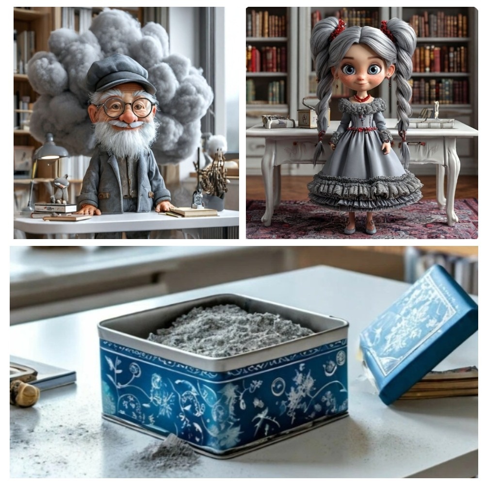 Дух Пороха, Сестрица-Пороховница  и их синяя коробочка (коллаж автора)