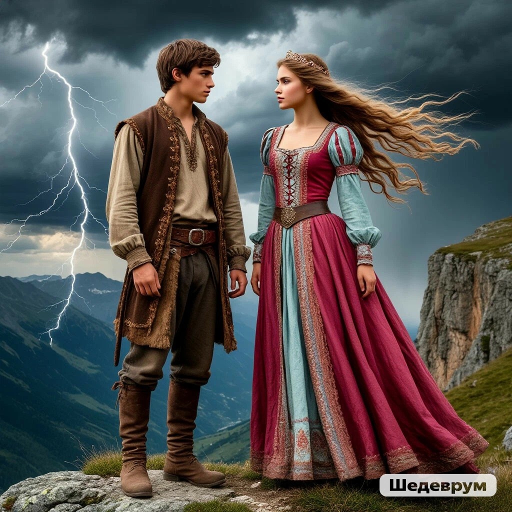 Княжна и пастух. Договариваются, кому прыгать первым!) Создано в Шедеврум.