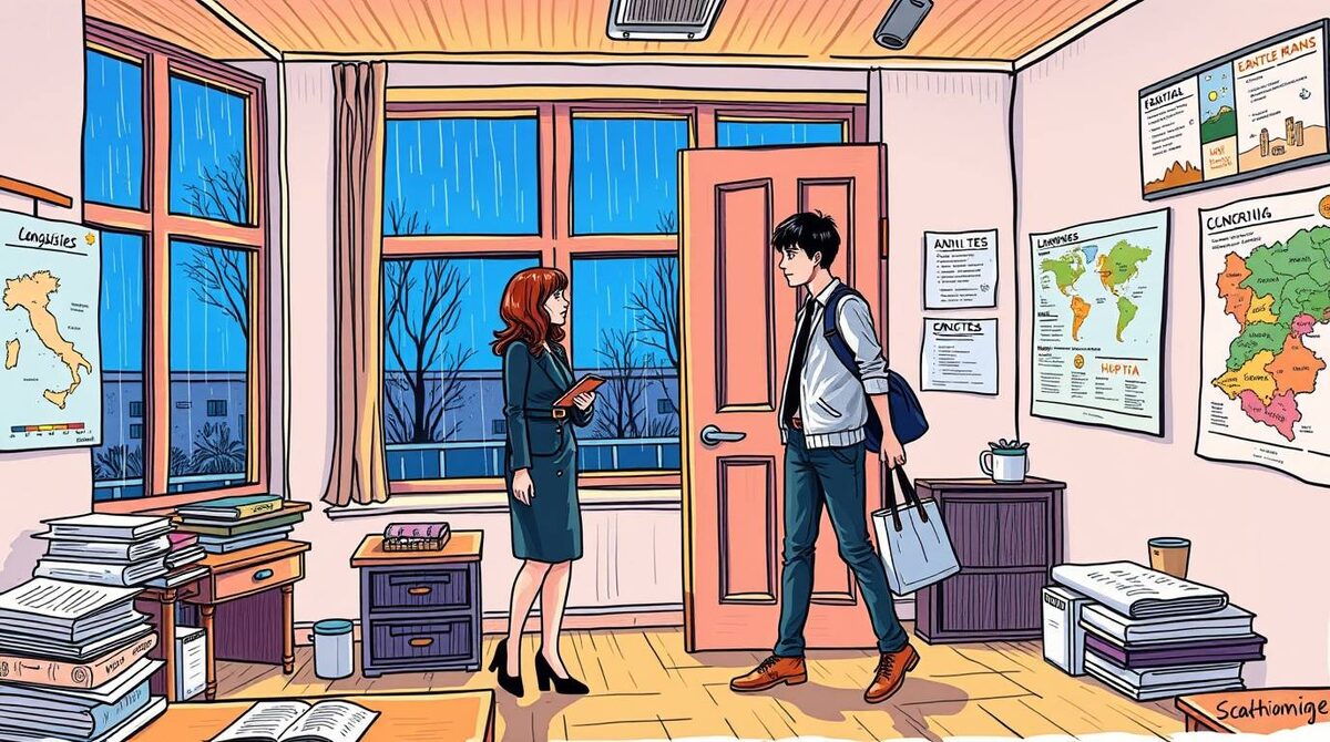 В этот дождливый октябрьский вечер два незнакомых мира столкнулись у порога лингвистического класса. Они ещё не знали, что общий язык станет началом истории, которая преодолеет границы стран, культур и расстояний.