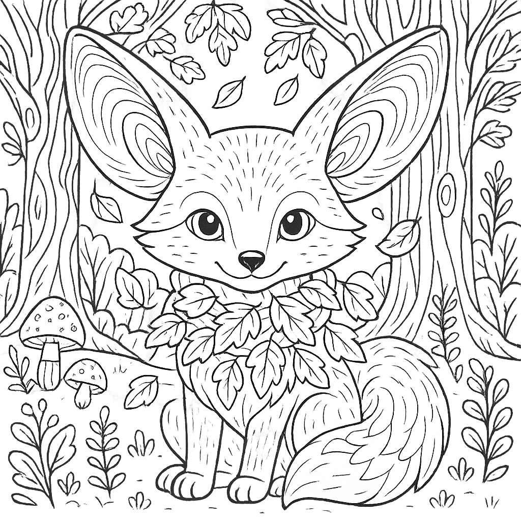 Черно-белый рисунок причудливой лесной лисы