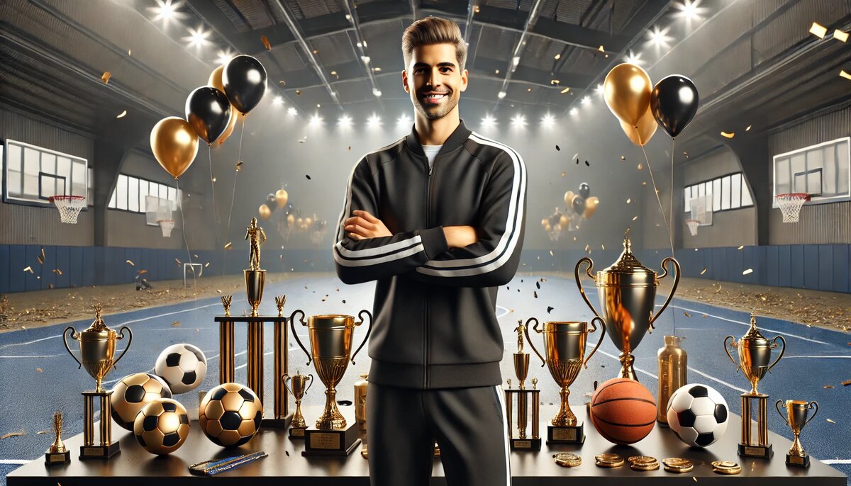 Мужчина-тренер в спортивном костюме стоит в зале с трофеями, футбольными и баскетбольными мячами, черно-золотыми шарами и конфетти, фон — трибуны и баскетбольная площадка