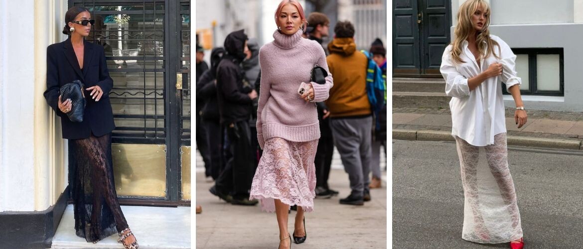 Как стильно носить кружевную юбку: коллаж из трех модных образов. Примеры сочетаний: черная длинная кружевная юбка с пиджаком, розовая юбка со свитером, белая кружевная юбка макси с рубашкой