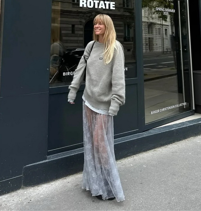 Стильный образ: серая длинная прозрачная кружевная юбка с объемным серым свитером и черной обувью, уличный стиль