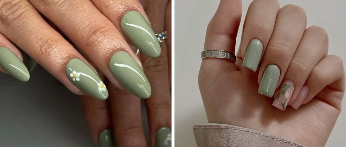Идеи модного фисташкового маникюра на лето 2025: фото коллаж с миндальными ногтями с цветочным рисунком и квадратными ногтями с лиственным узором