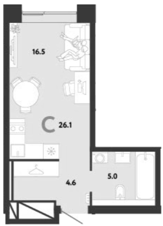 Пример удачной планировки квартиры-студии площадью 26,1 м.кв.