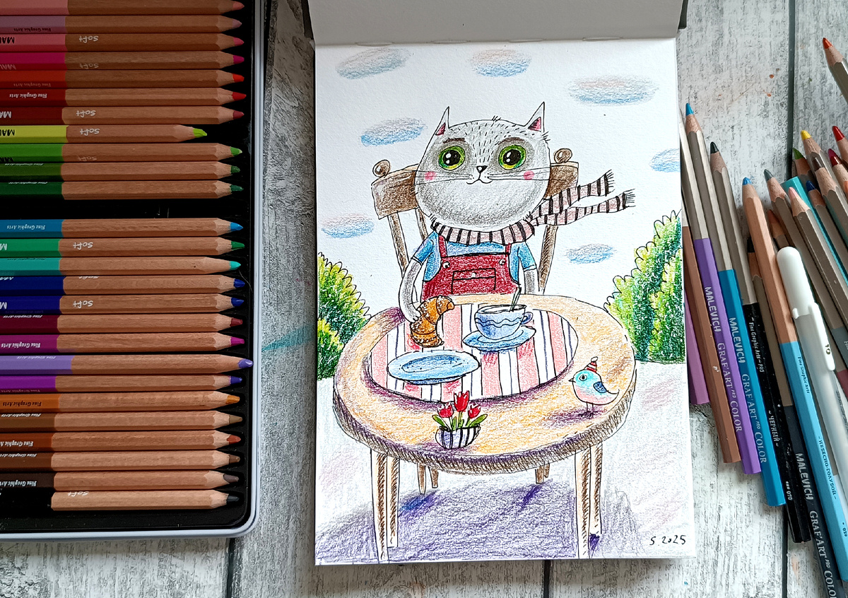 Скетчбук для графики, цветные карандаши. Рисунок автора канала.