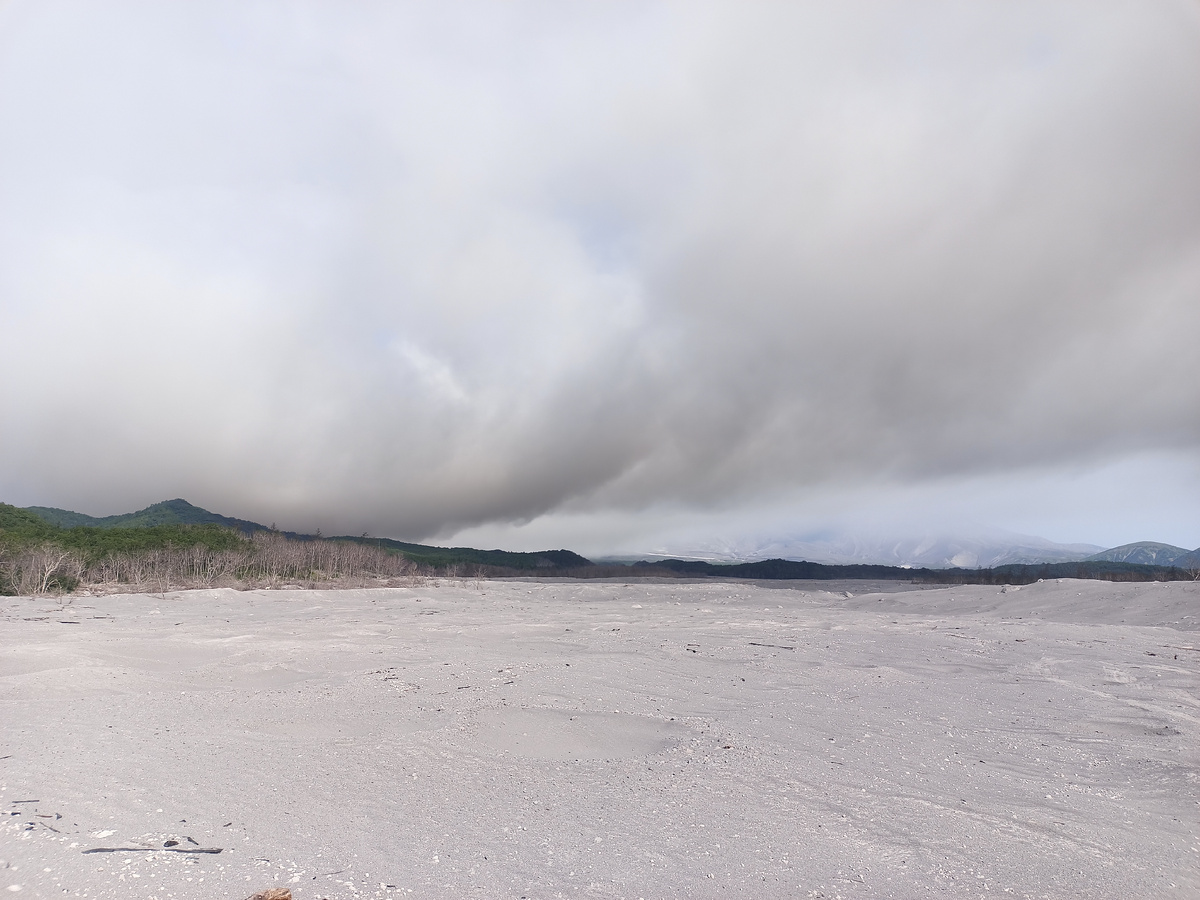 Пепловый выброс вулкана Шивелуч, первые дни маршрутов. Фото автора.