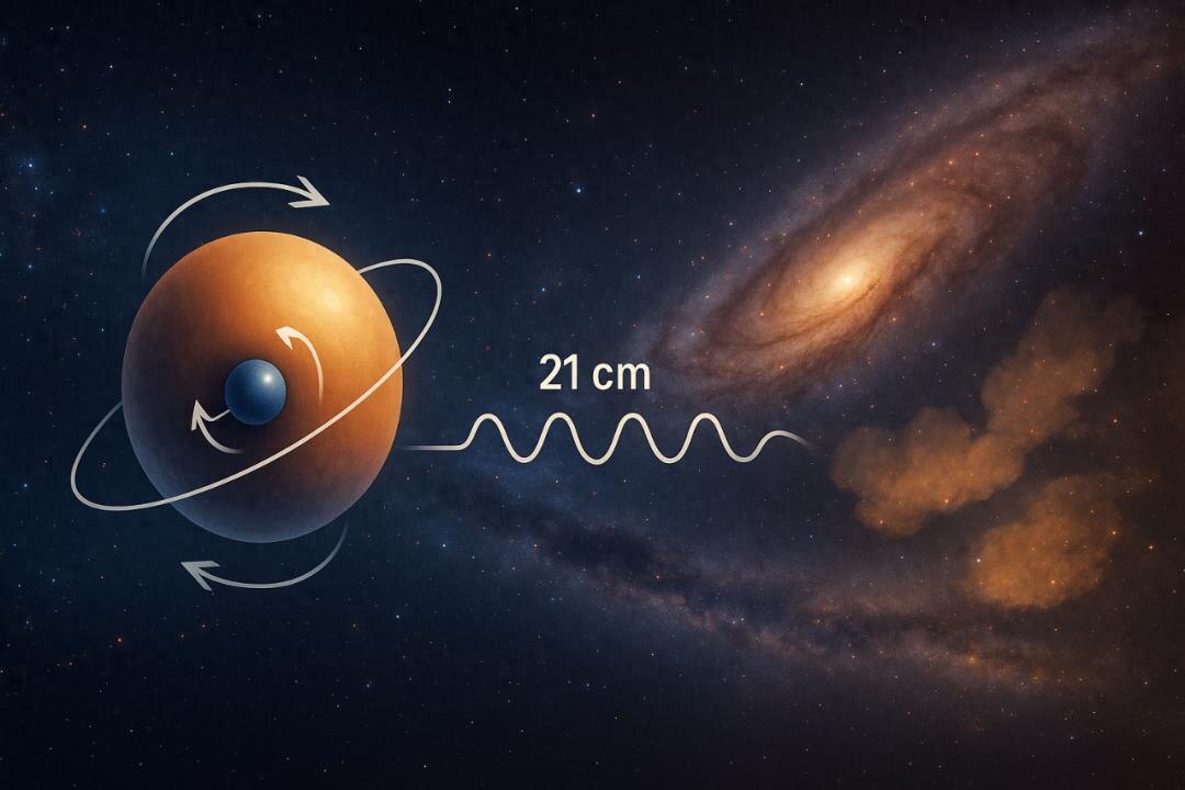 Когда электрон с протоном мирятся, переворачивая спины, они испускают фотон с длиной волны 21 см.