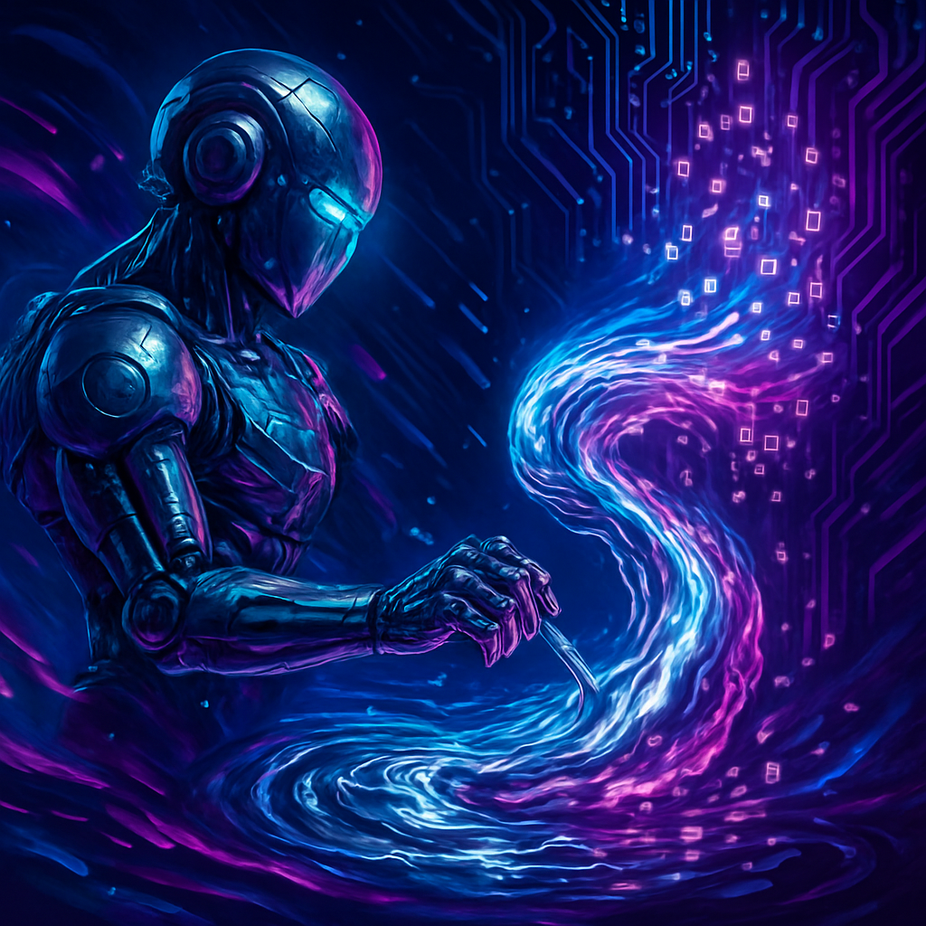 Яркая и динамичная иллюстрация, отражающая «рождение» новой диффузионной LLM Mercury: жидкий металл превращается в сияющие фрагменты кода, подчёркивая скорость и технологический прорыв.