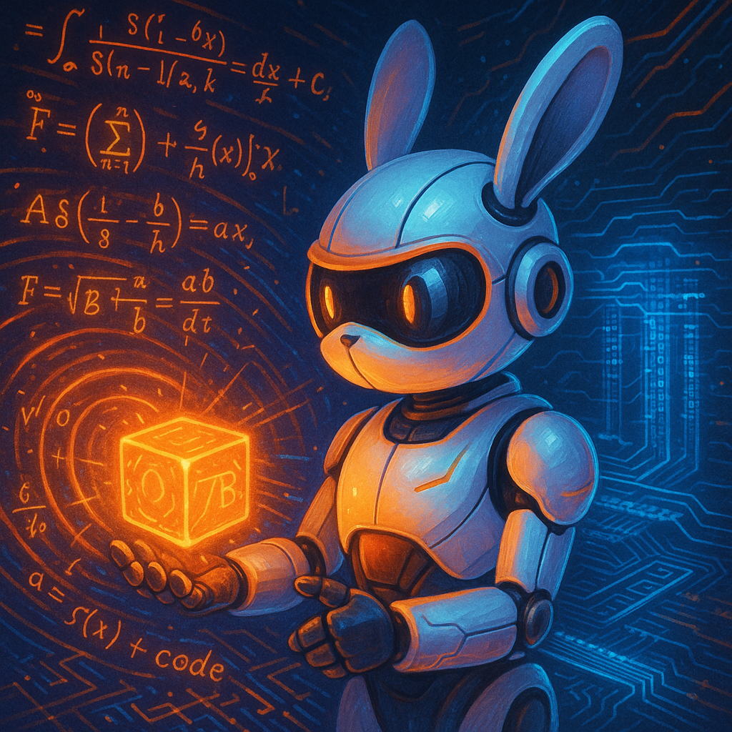 Яркая «кибер-мифическая» сцена: робот-кролик в фирменных оранжевых акцентах управляет сияющим кубом посреди вихря математических формул и строк кода, олицетворяя вычислительную мощь Xiaomi MiMo-7B.