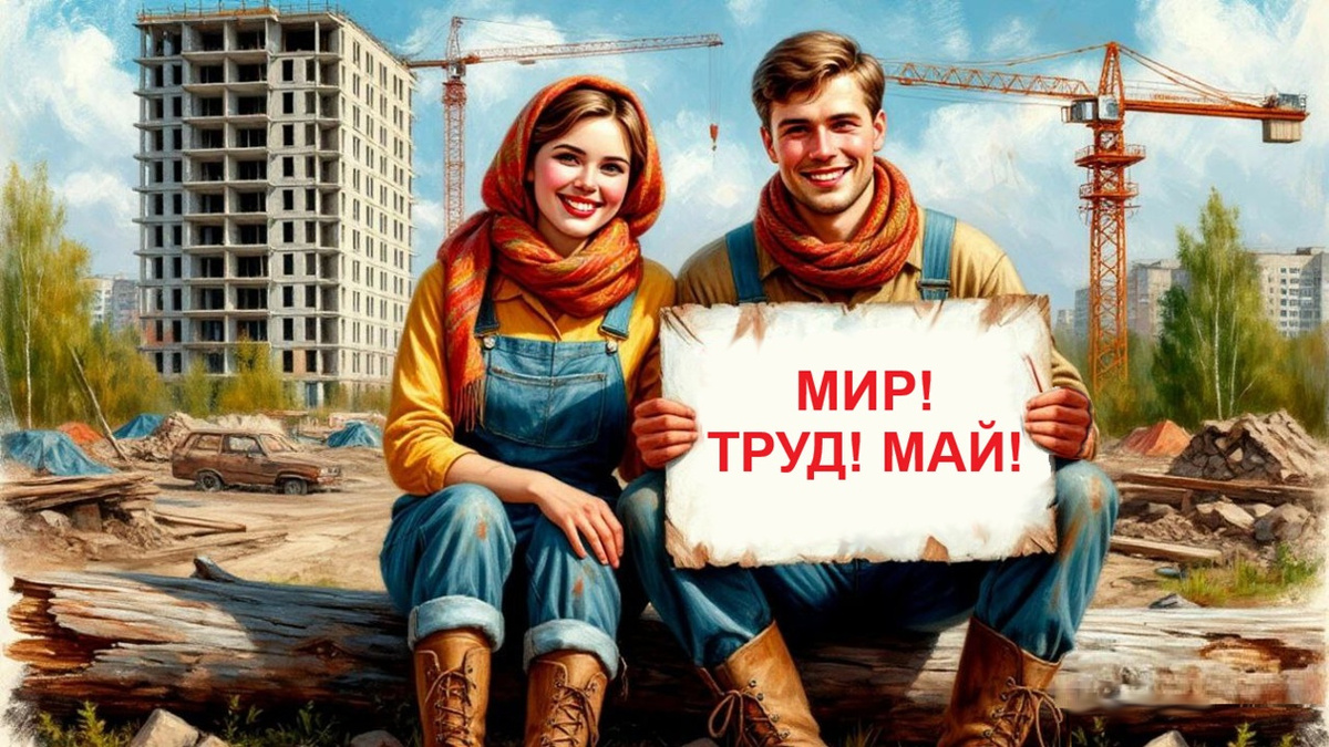 Никогда не забывай лозунг наш: «Мир, труд, май!». Так видит советских рабочих нейросеть Шедеврум. Картинка сгенерирована по запросу автора.